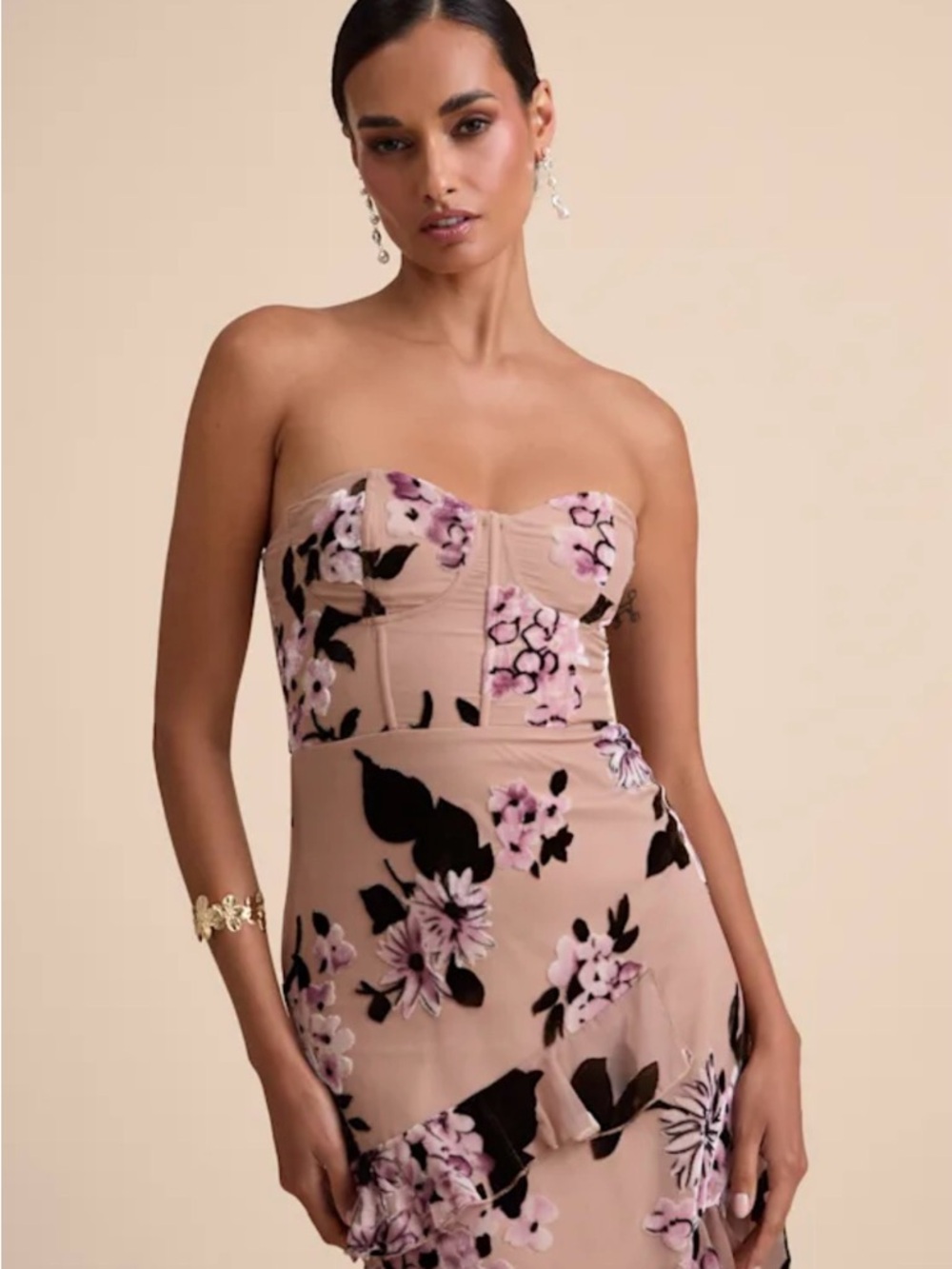 Lulus Chelisa Beige Floral Ruffled Strapless Bustier Maxi Dress - Size S - Picture 5 of 7
